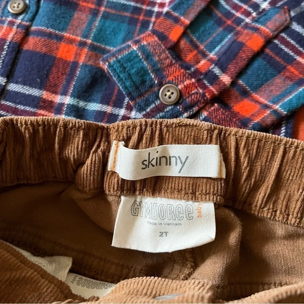 Gymboree bundle of skinny jeans, skinny corduroys, and button down plaid shirt